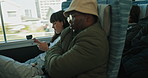 Bus, sleeping and people in city for travel, commute and journey on metro transportation. Passengers, vehicle and man and woman on smartphone with motion blur on public transport trip in urban town