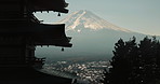 Drone, landscape and travel to temple with mountain, city and nature from ancient culture building. Fujiyoshida, Japan and skyline with architecture of spiritual location on vacation or journey