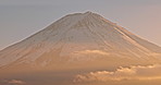 Drone, landscape and time lapse with mountain at sunset with sky, clouds and travel to nature. Fujiyoshida, Japan and skyline of environment in summer with aerial view of hill with climate or weather