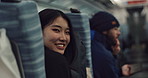 Smile, face and young Asian woman on a train for public transportation to work in the city. Happy, portrait and female person with positive, confident and good attitude for commuting to office.