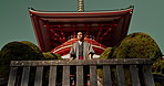 Man, Japanese shinto temple and traditional clothes for culture, building or religion in sunshine. Person, ideas and vision for perspective with faith, mindfulness or thinking with low angle in Kyoto