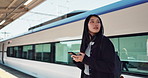Woman, phone and outdoor, city or train for travel information, schedule or social media in Japan. Asian student thinking with backpack and mobile search for location, metro or subway transportation