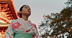 Woman, shinto temple and traditional clothes in culture, building or religion with vision for zen balance. Japanese person, idea and buddhism in faith, mindfulness or thinking with low angle in Kyoto