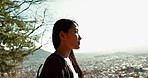 Outdoor, thinking and Asian woman with a view, nature and forest with daydreaming, travel and holiday. Japanese person sunshine or girl with summer, city or peace with vacation, calm or weekend break