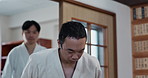 Bow, karate or people in dojo for martial arts for fitness, discipline or self defense for respect or honor. Kung fu, workout or Asian men walking in training for fighting, wellness or combat sports