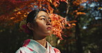 Walking, thinking or Asian girl in nature for journey on holiday, vacation for freedom or wellness. Face, travel or Japanese female person with ideas for calm, peace or inspiration to relax in park