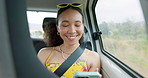 Woman, phone and texting on road trip, car or laugh at meme, comic video and internet for travel. Girl, smartphone and reading in vehicle with funny blog, social network post or story with transport