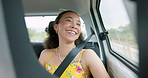 Woman, car and road trip with laugh by window with thinking, ideas and comic memory for vacation travel. Girl, person and happy in vehicle with smile to remember funny story with driving on road