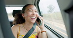 Woman, phone call and road trip in car with laugh, chat or conversation by window, journey or travel. Girl, smartphone and talking with thinking, funny story and street for transportation on holiday