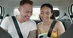 Couple of friends, phone and car for road trip information, location search and social media. Happy man and woman on mobile app talking of travel, holiday and transportation service with funny chat