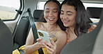 Woman, friends and happy for selfie on road trip with tongue and funny face with transport in car. Girl, photography and kiss with care, journey or holiday for memory, smile and app for social media