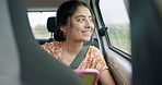 Woman, smartphone and road trip in car with laugh, meme and comic video on internet on road for travel. Girl, phone and reading in vehicle with funny blog, social media post or story with transport