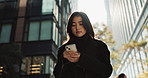 Japanese woman, typing and smartphone in city for connection and technology or wellness by outdoor. Young person, message or cellphone in tokyo on social media, communication or online in urban town