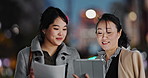 Business people, Japan and women with a tablet, city and conversation with internet, connection and discussion. Hiroshima, manager and employee with technology, coworkers and collaboration with ideas