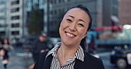 Japanese business woman, face and street with smile, excited and funny laugh in metro, city and road. Person, corporate employee and happy in portrait on urban sidewalk with pride on walk in Tokyo