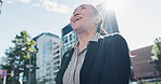 Business woman, happy and thinking in street, summer and walk with excited face for fresh start in sunshine. Japanese person, corporate employee and smile with ideas, wow and metro sidewalk in Tokyo