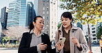 Business people, Japan and women with a smartphone, city and conversation with internet, connection and discussion. Hiroshima, manager and employee with cellphone, coworkers and cooperation with idea