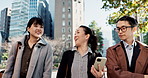 Business people, Japan and group with smartphone, city and conversation with internet, connection or discussion. Hiroshima, manager or employees with cellphone, coworkers or urban buildings with idea