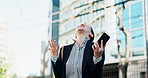 Business woman, phone and celebration in street for success, winning or financial goal with fintech app. Japanese person, corporate employee and trading on smartphone with cheers for profit in Tokyo