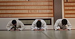 Group, students or bow in dojo for aikido practice, discipline or self defense for respect or honor. Combat demonstration, Japanese people learning or ready to start training for fighting class