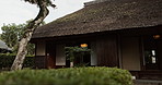 Nature, resort and Japanese house with a yard, vintage architecture or traditional culture. Calm, home and a home or landscape of a building in Japan with a garden and history of local infrastructure