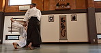 Men, aikido fighter and sensei for self defence, practice and black belt students for martial arts. Training, professional and technique with discipline, fighting and japanese people with master
