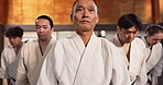 Black belt students, bow or sensei in class for aikido practice, discipline or self defense. Combat demonstration, Japanese people learning or ready to start training for fighting class or education