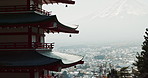 Japanese temple, pagoda building with nature and architecture, religion and tradition for travel and environment. Traditional real estate, faith with culture and landmark, mountain and Buddhism