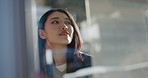 Japanese woman, thinking and city on street, travel and outdoor on vacation, direction or journey. Girl, person and holiday with vision, memory or ideas on metro sidewalk, road and sunshine in Tokyo