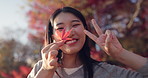 Japanese woman, face and leaf from park with peace sign, happiness and autumn adventure and holiday. Girl, plant and memory of vacation in forest, environment or outdoor with leaves in Kyoto Japan