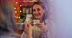 Women, friends and talk in coffee shop, drink and happy for reunion, date and conversation on break. Girl, people and smile for chat, memory and relax with tea cup, latte or espresso in cafe together