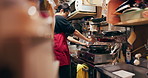 Japanese chef man, stove and pan for cooking, service or catering job with heat, flame and ready. Person, restaurant or cafeteria in kitchen for meal prep, working or thinking with recipe in Tokyo