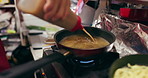 Cooking, sauce and person with pan on gas stove at food market for meal preparation, eating and nutrition. Culinary, restaurant and closeup of utensils to prepare lunch, cuisine dinner and supper
