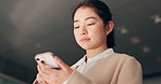 Phone, studio or Japanese businesswoman on social media texting or typing an email in online conversation. Research, mobile app or female employee on website to chat for post or networking on break