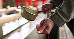 Shinto shrine, washing hands and fountain with water in container for faith, cleaning and wellness. Religion, culture and praise with ladle for purification ritual in woods, peace or temple in Kyoto