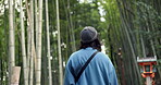 Back, travel and person at bamboo forest outdoor, nature or park in Ariyishiyama, Kyoto, Japan. Rear view of tourist in green garden, environment and sightseeing in jungle adventure on summer trip