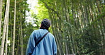 Back, travel and person at bamboo forest in nature, park or outdoor in Ariyishiyama, Kyoto, Japan. Rear view of tourist in green garden, environment and sightseeing in jungle adventure on summer trip