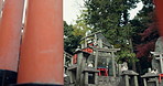 Stone monument at Torii gate with statue, peace mindfulness on travel with spiritual history. Architecture, Japanese culture and orange tunnel at Shinto shrine in forest with trees, sculpture and zen