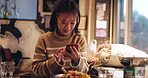 Japanese woman, smartphone and healthy food in restaurant for dinner, nutrition and happy on social media. Person, mobile phone or lunch in tokyo city with umami flavor or vegetarian dish on vacation