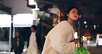 Japanese woman, taxi and smartphone at night for location, city street and looking for transport. Person, waiting and cab search with cellphone app for travel, road and tokyo town with technology