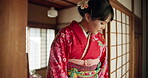 Japanese woman, door and walking in traditional clothes in hall for mindfulness and reflection in religion. Asian person, happy and indoor ceremony in hope or peace, culture and spiritual development