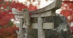 Japan, stone and forest at shrine for religion, sacred culture and spiritual entrance in Kyoto outdoor. Travel, writing and rock pillars in a garden with religious and Japanese building on holiday