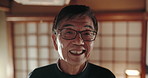 Smile, glasses and face of senior Asian man in a dojo with positive, good and confident attitude. Happy, vision and elderly male person in retirement with spectacles for eye care, health and wellness