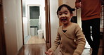 Dad, girl and running game in home with bonding, care and development with love, playing and excited kid. Child, person and father with chase, tag and happy together at Japanese family house in Tokyo