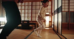 Father, girl and running game in home with bonding, care and development with love, playing and excited kid. Child, person and dad with chase, tag and happy together at Japanese family house in Tokyo