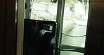 Train, driver and subway cockpit of transport service or control panel of railway cab in Japan. Metro, technology and man in uniform stop at station, platform and arrive on schedule for travel