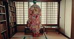 Open, window and Japanese woman with screen door, Shoji  and morning in a Japan tea house or home. Geisha, back and calm in a living room with female person and traditional and Shinto dress in lodge