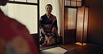 Traditional, bow and woman in Japan with respect open a door for tea and service in morning. Asian, culture or calm master in kimono with hospitality, welcome and greeting a person with care or peace
