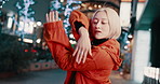 Fashion, dance and woman in city at night on street in trendy clothes, cool outfit and stylish. Dancer, confident and portrait of Japanese person with movement, performance and casual style in road