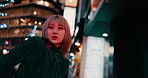 City, dance and face of woman in Japan at night on street in trendy clothes, cool outfit and casual fashion. Dancer, confidence and portrait of person with movement, performance and style in road